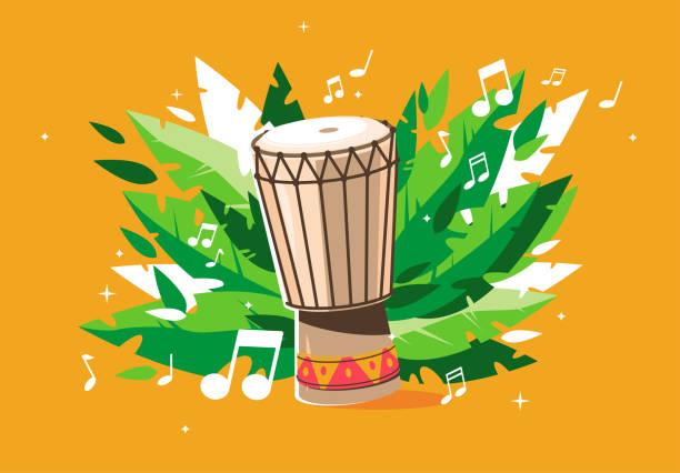illustrazioni stock, clip art, cartoni animati e icone di tendenza di illustrazione vettoriale di un tamburo nazionale con foglie verdi e note musicali - samba dancing dancing drum drumstick