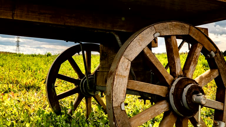 Antique wooden cart standing alone in a field, beautiful autumn landscape, hyperlapse, time lapse, heavy autumn sky