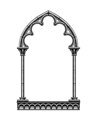 Black classic gothic architectural decorative frame isolated on white. Vintage engraving stylized drawing. Vector Illustration