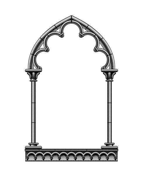 Black classic gothic architectural decorative frame isolated on white Black classic gothic architectural decorative frame isolated on white. Vintage engraving stylized drawing. Vector Illustration door illustrations stock illustrations