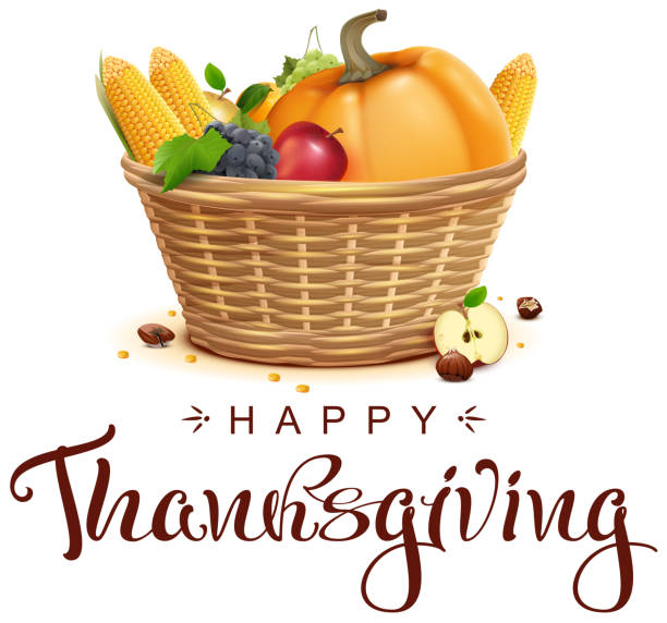 ilustraciones, imágenes clip art, dibujos animados e iconos de stock de cesta completa de frutas y verduras símbolo de acción de gracias. feliz carta de texto de acción de gracias carta tarjeta de felicitación - thanksgiving fruit cornucopia vegetable