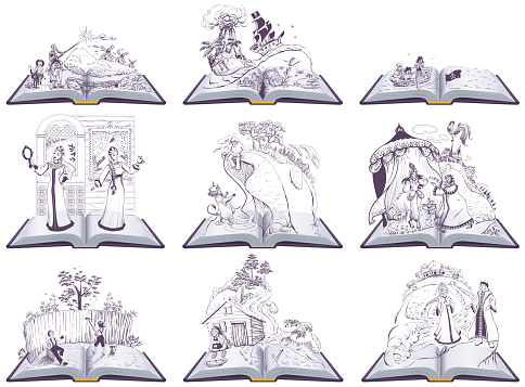 Set open book fairy tale illustration. Set of books to read at school. Isolated on white vector cartoon illustration