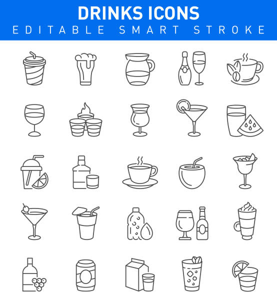 ilustraciones, imágenes clip art, dibujos animados e iconos de stock de bebidas e iconos de cóctel. colección de trazos inteligentes editable - wineglass symbol coffee cup cocktail