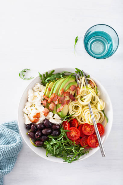 istock ketogenic lunch bowl: spiralized courgette with avocado, tomato, feta cheese, olives, bacon 1179789162