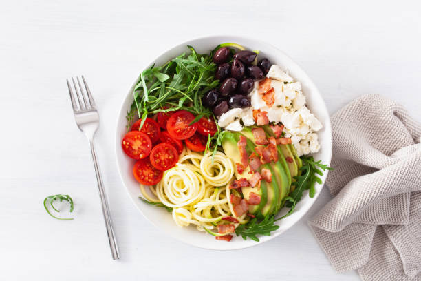 istock ketogenic lunch bowl: spiralized courgette with avocado, tomato, feta cheese, olives, bacon 1179789375