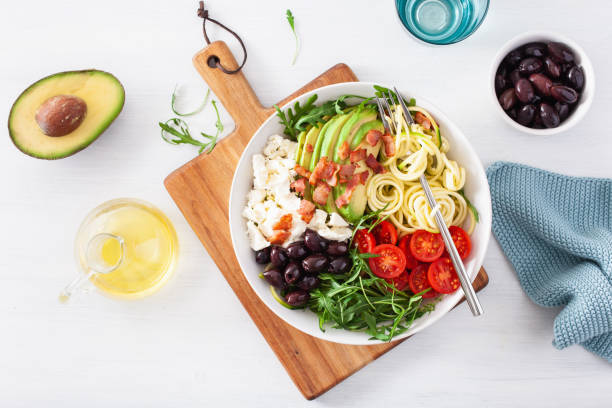 istock ketogenic lunch bowl: spiralized courgette with avocado, tomato, feta cheese, olives, bacon 1179789963