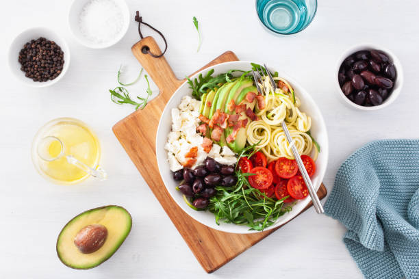 istock ketogenic lunch bowl: spiralized courgette with avocado, tomato, feta cheese, olives, bacon 1179790067