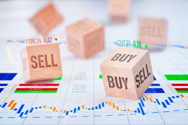 stock market buying and selling dice on financial graph - diagram graph three dimensional shape chart imagens e fotografias de stock