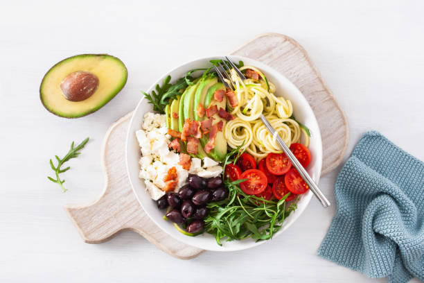 istock ketogenic lunch bowl: spiralized courgette with avocado, tomato, feta cheese, olives, bacon 1179790184