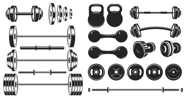 Gym equipment silhouette. Fitness sport, heavy weight barbell and vintage bodybuilding stencil vector illustration set Gym equipment silhouette. Fitness sport, heavy weight barbell and vintage bodybuilding stencil. Wellness equipment, fit exercise or yoga training iron lift sign. Isolated vector illustration icons set dumbbell stock illustrations
