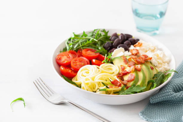 istock ketogenic lunch bowl: spiralized courgette with avocado, tomato, feta cheese, olives, bacon 1179790260