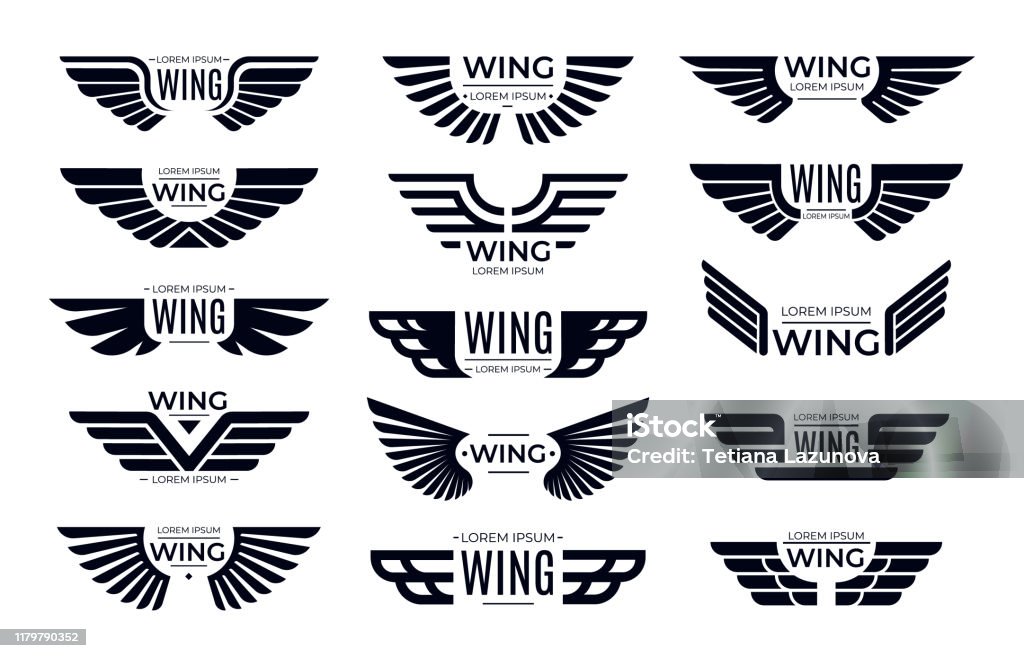 Крылья значки. Летающая эмблема, крыло птицы орла и крылатый вектор кадра набор - Векторная графика Крыло животного роялти-фри