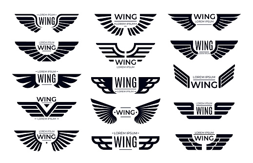 Wings badges. Flying emblem, eagle bird wing and winged frame. Aviation pilot patch badge, army insignia emblem or biker logotype sticker. Isolated vector icons set
