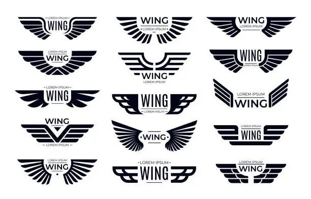 Vector illustration of Wings badges. Flying emblem, eagle bird wing and winged frame vector set