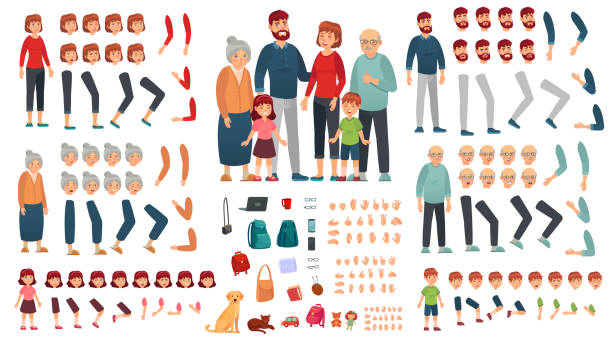 Cartoon family creation kit. Parents, children and grandparents characters constructor. Big family vector illustration set Cartoon family creation kit. Parents, children and grandparents characters constructor. Big family, mascot emotions, body gesture and hairstyle. Isolated vector illustration symbols set happy family stock illustrations