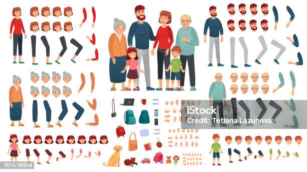 Cartoon Family Creation Kit Parents Children And Grandparents Characters Constructor Big Family Vector Illustration Set Stock Illustration - Download Image Now