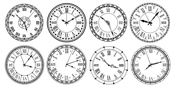 ilustraciones, imágenes clip art, dibujos animados e iconos de stock de cara del reloj vintage. relojes retro esfera de reloj con números romanos, reloj ornamentado y antic relojes diseño conjunto de ilustración vectorial - reloj antiguo