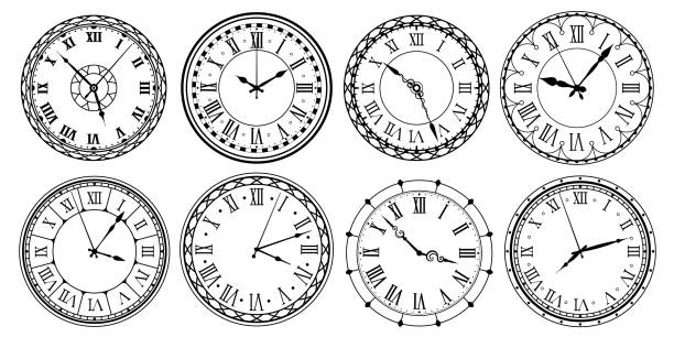 illustrations, cliparts, dessins animés et icônes de visage d'horloge de cru. rétro horloges watchface avec des chiffres romains, montre ornée et antic montres conception illustration vectore ensemble - illustrations de cadran