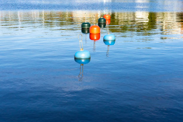 Red buoys on the sea waves background