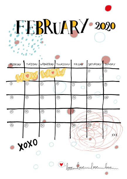 vector illustration of a calendar of february 2020 with whole hand drawn elements and doodles and a bit of pastel colors. vector art illustration
