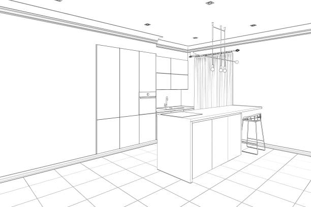 istock Sketch of the modern interior kitchen with breakfast bar and empty wall 1179793375