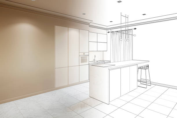 istock Sketch of a modern interior kitchen with breakfast bar and the empty wall became real interior 1179793379