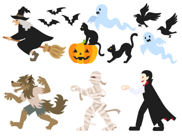 Illustration set of Halloween monsters marching sideways This is an illustration set of Halloween monsters (witch, Wolf Man, Mummy, Vampire etc…)whole body marching sideways. mummified stock illustrations