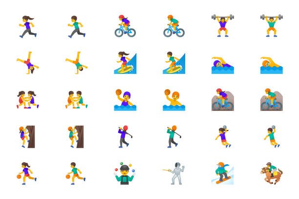 спортсмен вектор иконы установить. спорт люди человек, женщина лица иконы иллюстрации emojis, персонажи установить, коллекция мультфильм стил - emoticon stock illustrations