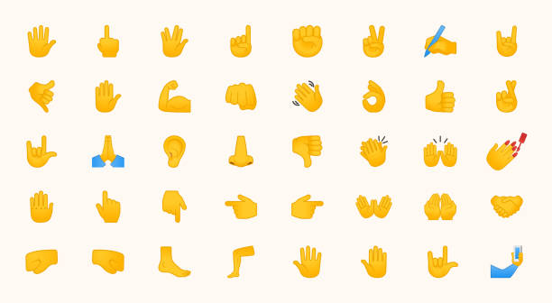 stockillustraties, clipart, cartoons en iconen met hand emojis gebaren vector icons set. alle soorten hand emoticons, duim omhoog, omlaag, arm, elleboog, gym, spier, nail illustraties collectie - phone hand thumb