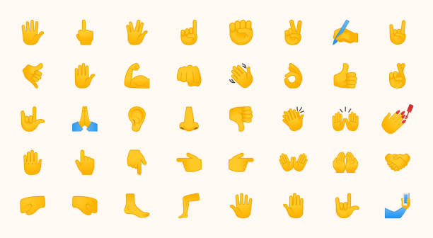 ilustrações, clipart, desenhos animados e ícones de ícones do vetor dos gestos dos emojis da mão ajustados. todo o tipo de emoticons da mão, polegares acima, para baixo, braço, cotovelo, ginástica, músculo, coleção das ilustrações do prego - mão