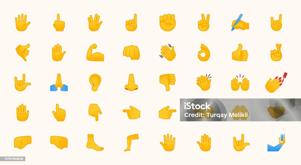 Hand Emojis Gestures Vector Icons Set. All Type of Hand Emoticons, Thumbs Up, Down, Arm, Elbow, Gym, Muscle, Nail Illustrations Collection Emoticon stock vector