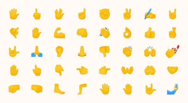 Vector illustration of Hand Emojis Gestures Vector Icons Set. All Type of Hand Emoticons, Thumbs Up, Down, Arm, Elbow, Gym, Muscle, Nail Illustrations Collection