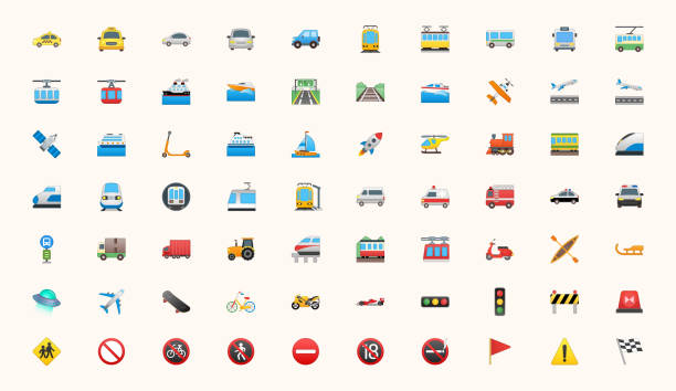 ilustraciones, imágenes clip art, dibujos animados e iconos de stock de conjunto de iconos vectoriales de transporte y transporte. logística, entrega, envío, ferrocarril, airways, ambulancia, símbolos de coche de emergencia, emojis, emoticonos, colección de ilustraciones planas - emoji