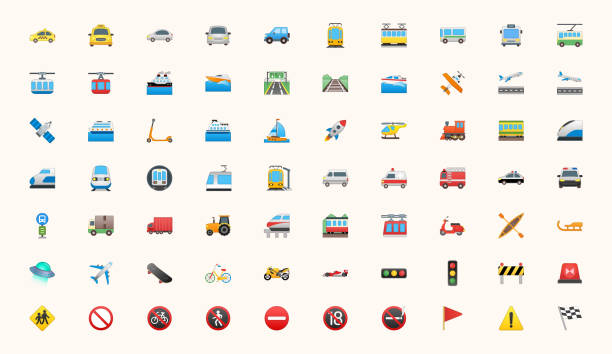 semua transportasi, ikon vektor transportasi diatur. logistik, pengiriman, pengiriman, kereta api, saluran udara, ambulans, simbol mobil darurat, emojis, emotikon, koleksi ilustrasi datar - emotikon ilustrasi stok