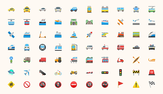 All Transport, Transportation Vector Icons Set. Logistics, Delivery, Shipping, Railway, Airways, Ambulance, Emergency Car Symbols, Emojis, Emoticons, Flat Illustrations Collection