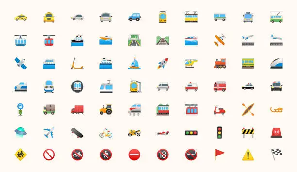 Vector illustration of All Transport, Transportation Vector Icons Set. Logistics, Delivery, Shipping, Railway, Airways, Ambulance, Emergency Car Symbols, Emojis, Emoticons, Flat Illustrations Collection