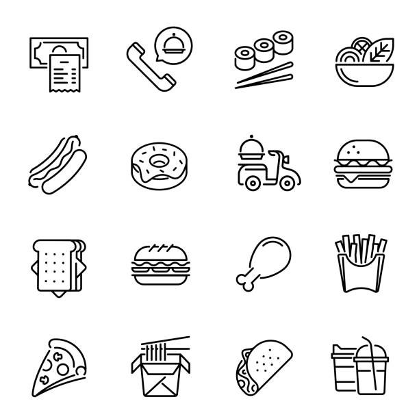 ilustrações, clipart, desenhos animados e ícones de ícones lineares do vetor do fast food e das bebidas ajustados - black dishware sushi isolated