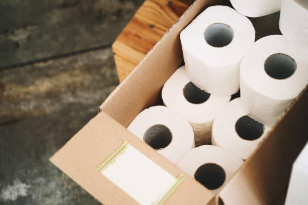 Toilet paper in carton craft box in plastic free store. Toilet paper in carton craft box in plastic free store. Sustainable personal hygiene items, toiletries products in zero waste shop. Minimalist lifestyle toilet paper photos stock pictures, royalty-free photos & images