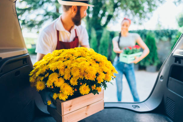 dostawa kwiatów do domu - delivery van delivery person messenger men zdjęcia i obrazy z banku zdjęć