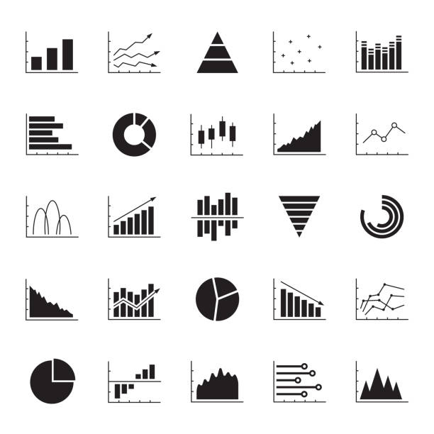 ilustrações de stock, clip art, desenhos animados e ícones de graph, chart, diagram icon set. business data design elements for web, report, presentation, finance analysis. vector illustration. - stock market graph chart arrow sign