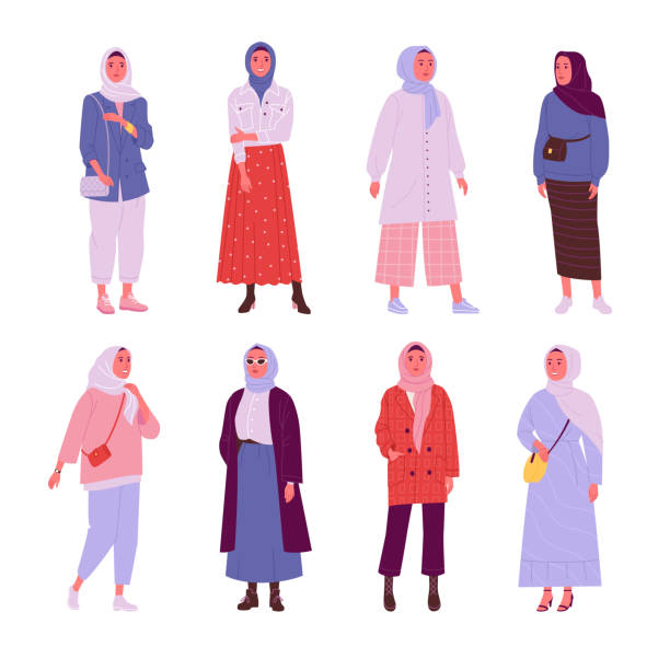 ilustraciones, imágenes clip art, dibujos animados e iconos de stock de colección de trajes diarios musulmanas femeninas. - islam