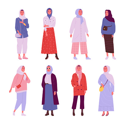 Vector illustration of young Muslim women wearing trendy clothes in flat cartoon style. Isolated on white.