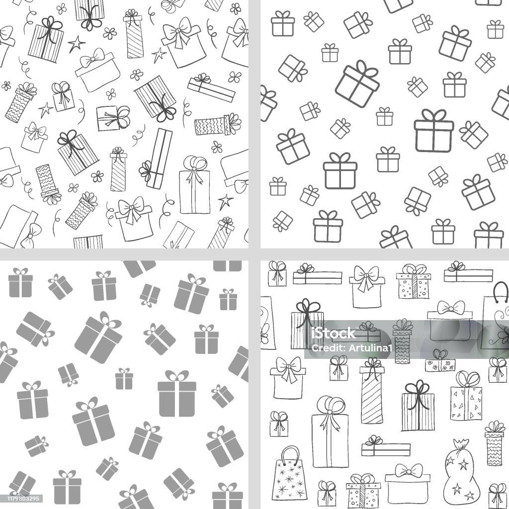 Vector set of seamless patterns with gift boxes. Hand drawn, lineart present boxes Vector set of seamless patterns with gift boxes. Hand drawn, lineart present boxes. Monochrome backgrounds for Christmas, birthday design Gift stock vector