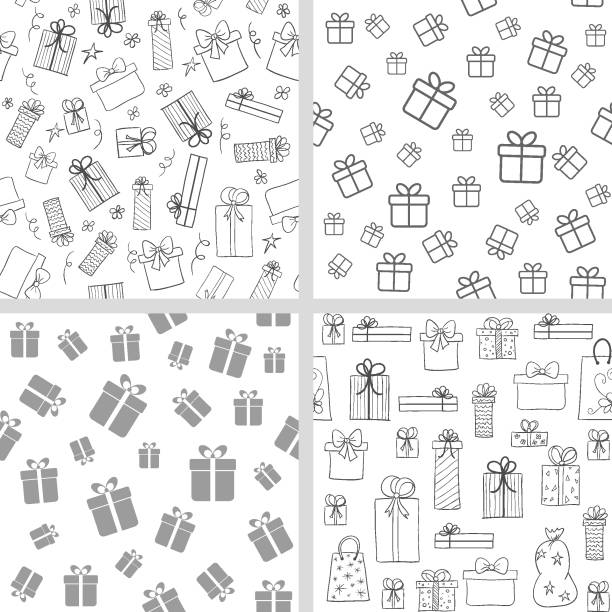 Vector set of seamless patterns with gift boxes. Hand drawn, lineart present boxes vector art illustration