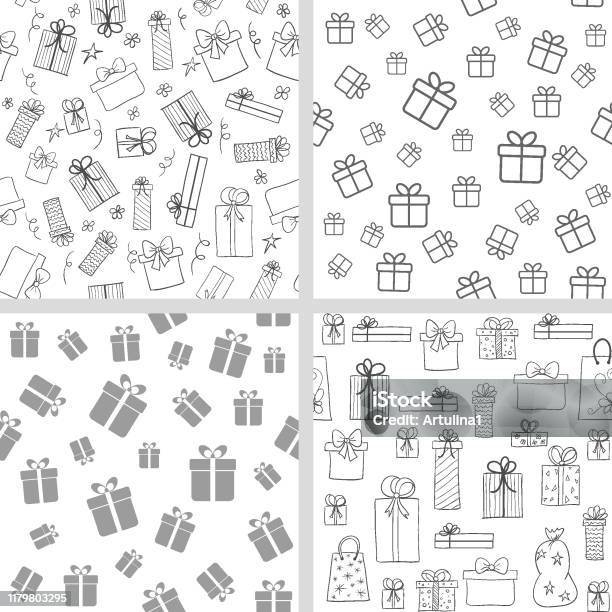 Vector Set Of Seamless Patterns With Gift Boxes Hand Drawn Lineart Present Boxes Stock Illustration - Download Image Now