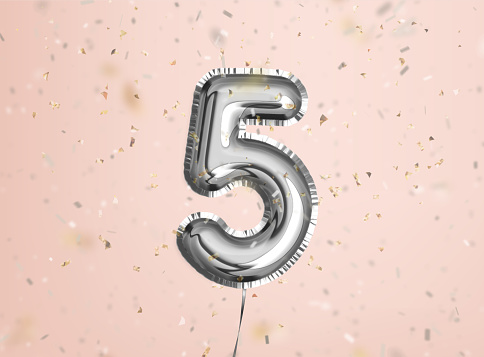 5 years anniversary. Happy birthday joy celebration.Silver balloons & confetti for greeting card, banner, birthday invitation, celebrate anniversary. 5 Years Silver Foil Balloon anniversary logotype.