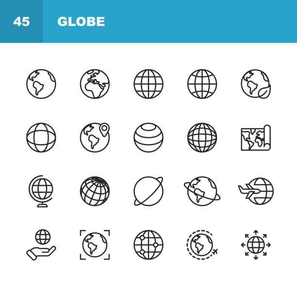 글로브 및 통신 회선 아이콘입니다. 편집 가능한 스트로크입니다. 픽셀 완벽한. 모바일 및 웹용. 글로브, 지도, 네비게이션, 글로벌 비즈니스, 글로벌 커뮤니케이션 과 같은 아이콘이 포함되어 � - globe stock illustrations