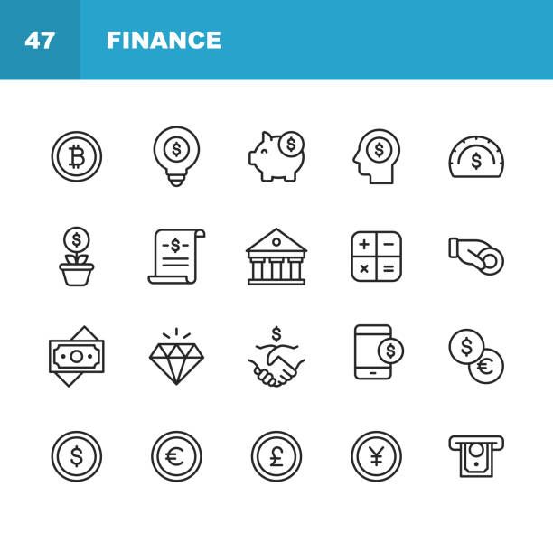 Finance and Banking Line Icons. Editable Stroke. Pixel Perfect. For Mobile and Web. Contains such icons as Money, Finance, Banking, Coins, Chart, Crytpocurrency, Bitcoin, Piggy Bank, Bank, Diamond. 20 Finance and Banking Outline Icons. british currency stock illustrations