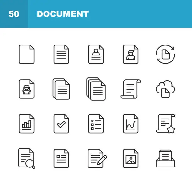 Vector illustration of Document Line Icons. Editable Stroke. Pixel Perfect. For Mobile and Web. Contains such icons as Document, File, Communication, Resume, File Search.