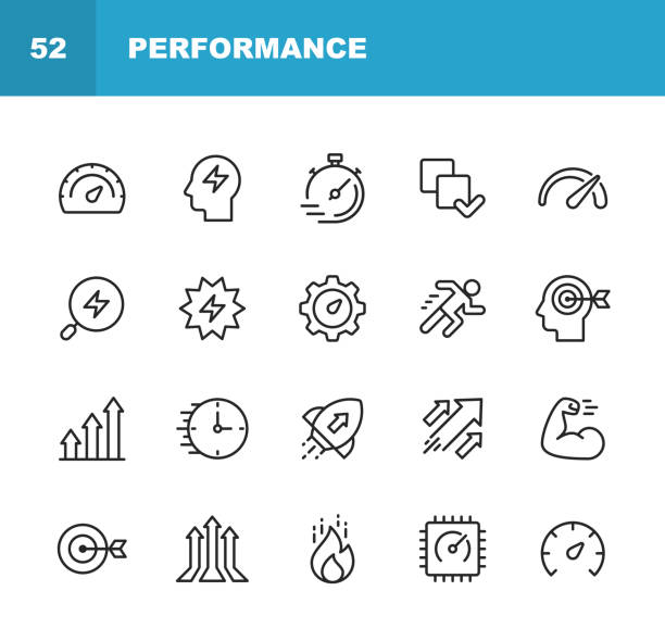 ilustrações de stock, clip art, desenhos animados e ícones de performance line icons. editable stroke. pixel perfect. for mobile and web. contains such icons as performance, growth, feedback, running, speedometer, authority, success. - important